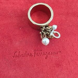 Salvatore Ferragamo Gold Ring with Pearl and Crystal Charms